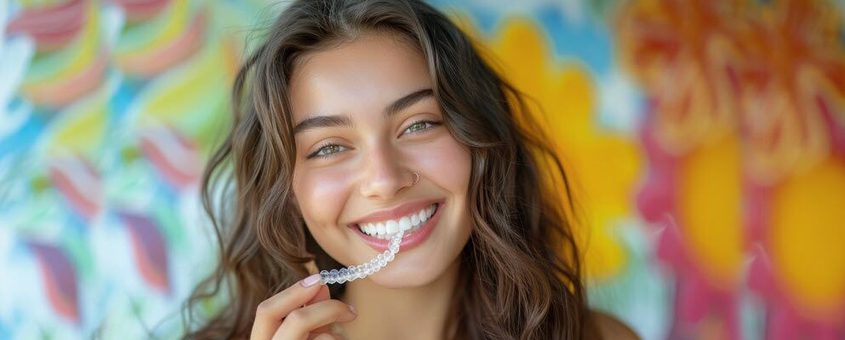 img-invisalign-faq Smiling woman holding toothbrush against colorful graffiti wall background