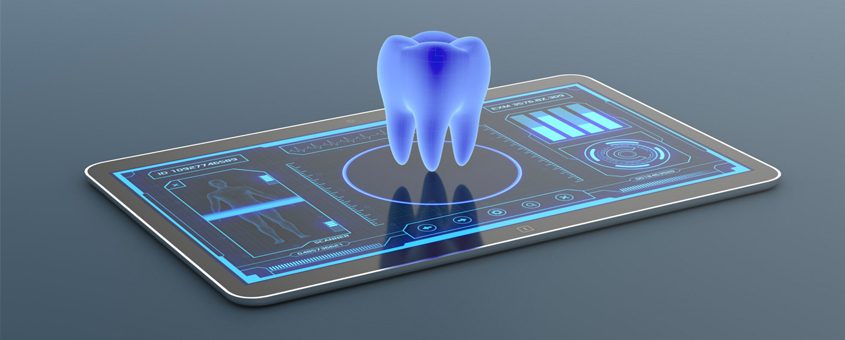 Holographic dental interface with glowing blue tooth model on digital tablet display.
